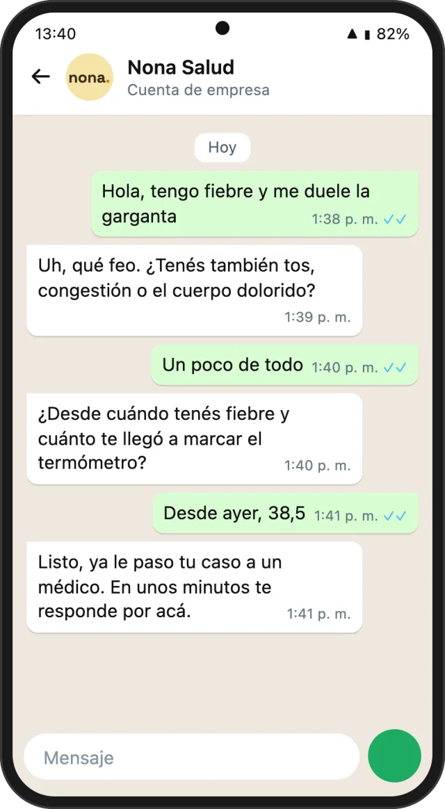 Conversación de ejemplo con nona por WhatsApp: el paciente cuenta sus síntomas, nona le hace preguntas y le pasa el caso a un médico.