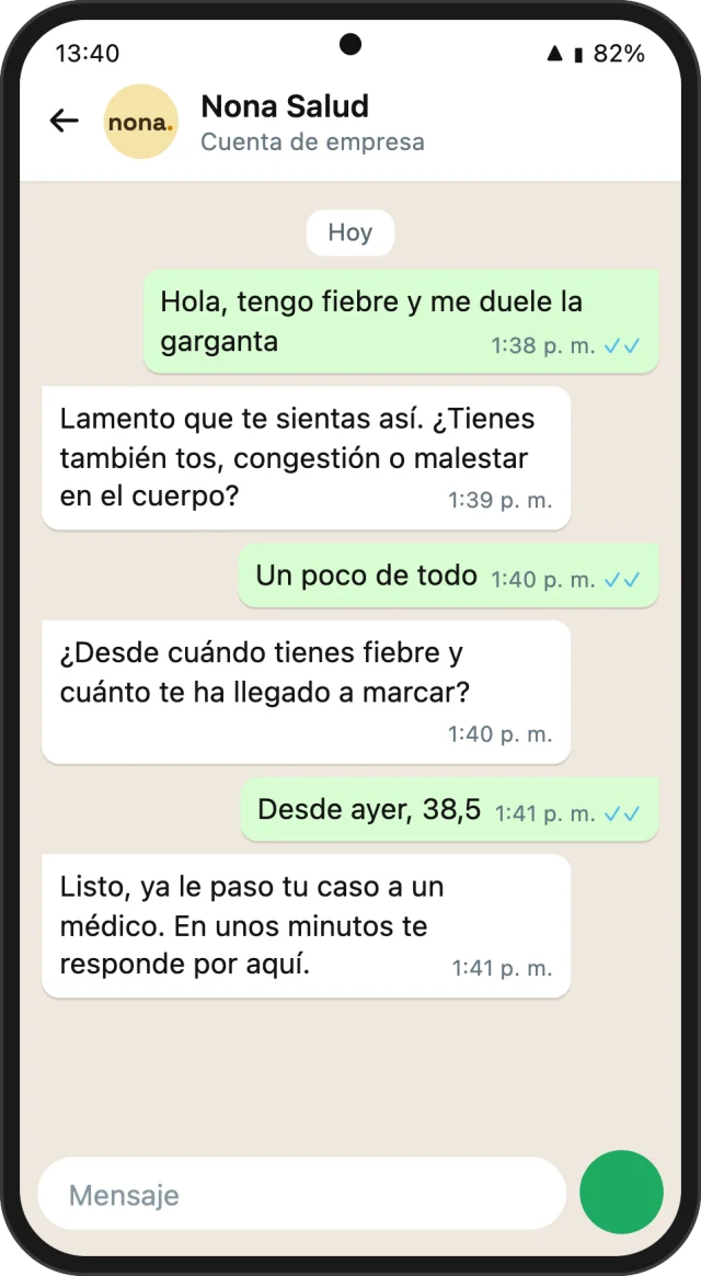 Conversación de ejemplo con nona por WhatsApp: el paciente cuenta sus síntomas, nona le hace preguntas y le pasa el caso a un médico.
